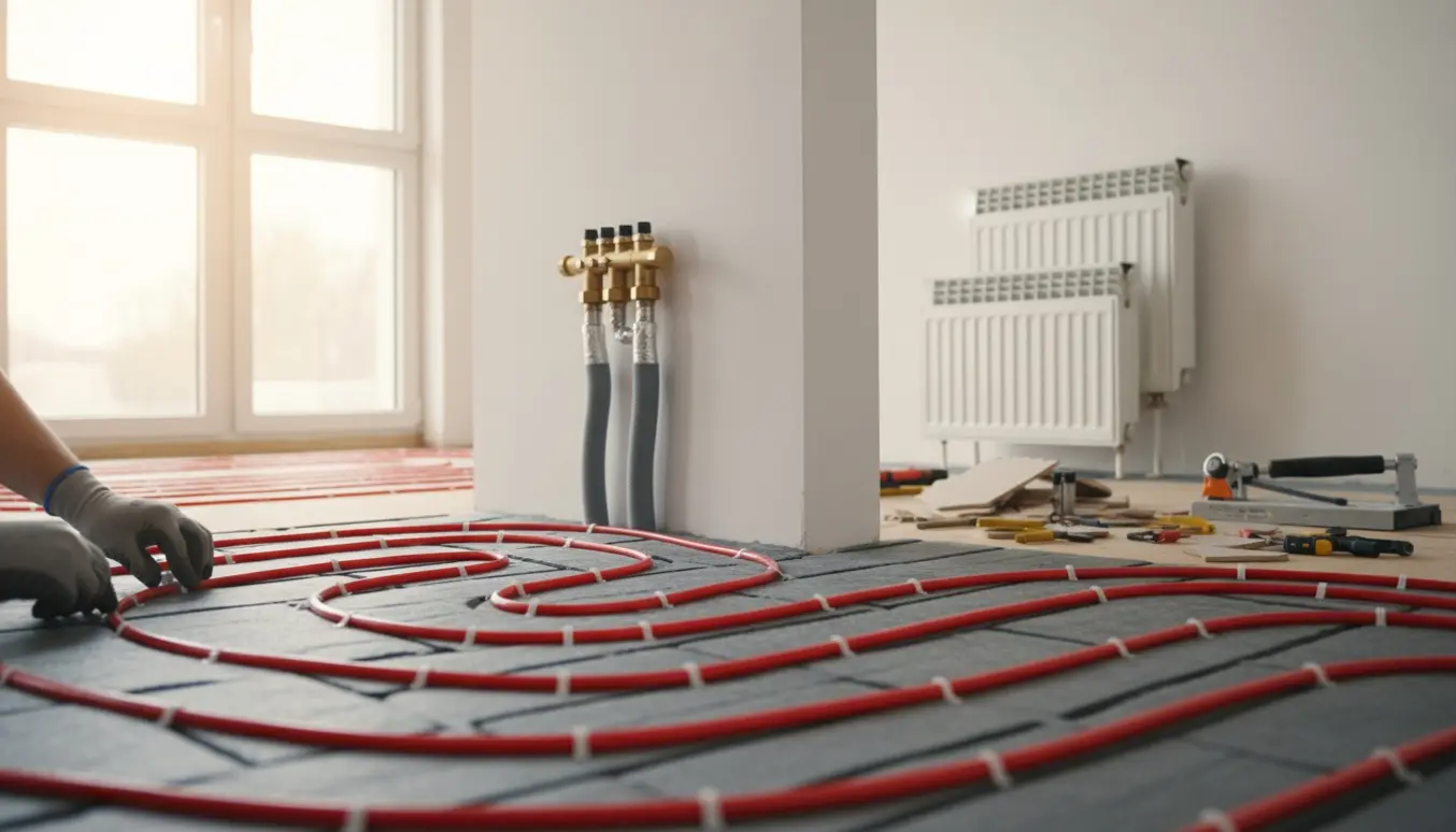 Installation af gulvvarme i lejlighed med synlige rør, fordelerskab og fjernvarmetilslutning.