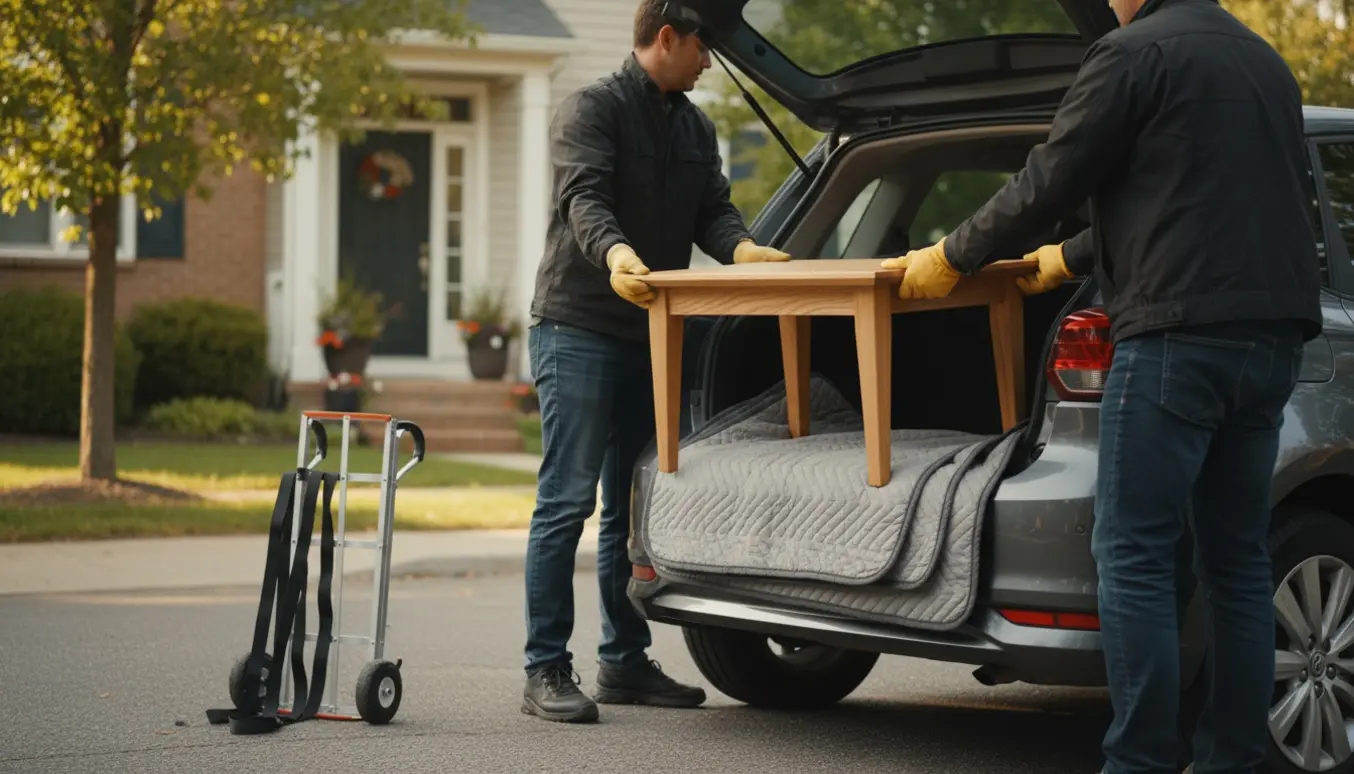 Et lille sofabord læsses i bagagerummet på en bil med flyttetæpper, hænder holder bordet, ansigter ude af billedet.