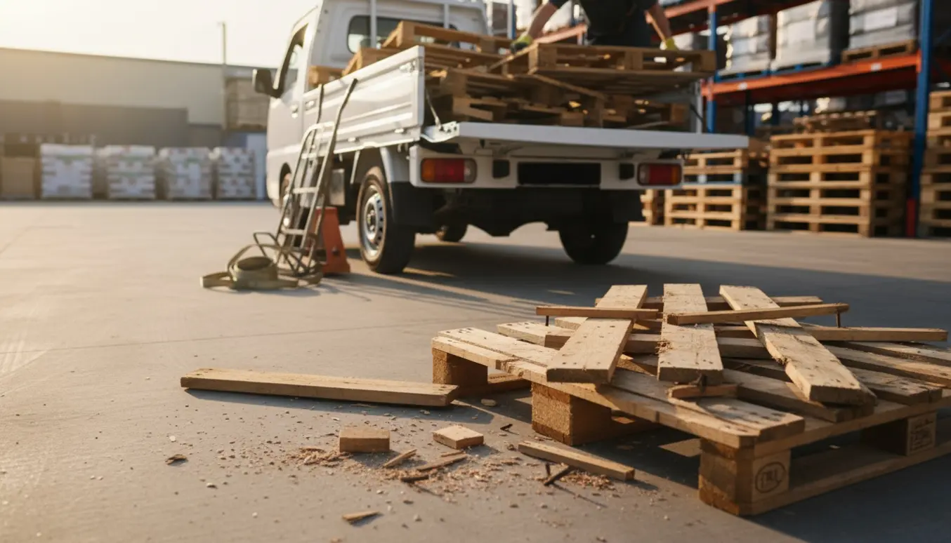 Defekte paller og skadet træ læsses i en varevogn under afhentning.