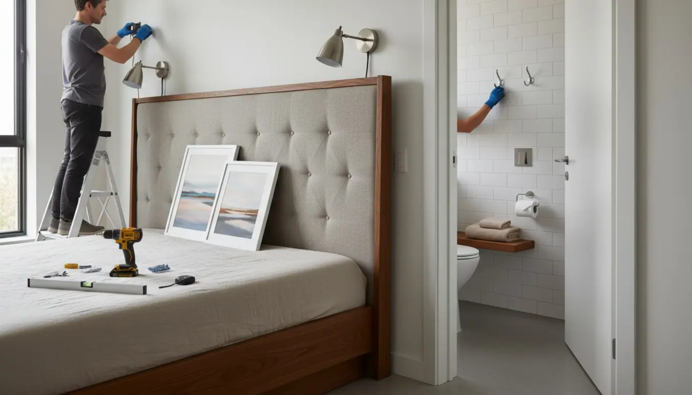 Hænder monterer lamper og billeder i et soveværelse med sengegavl, mens kroge og toiletrulleholder sættes op i badeværelset i baggrunden.