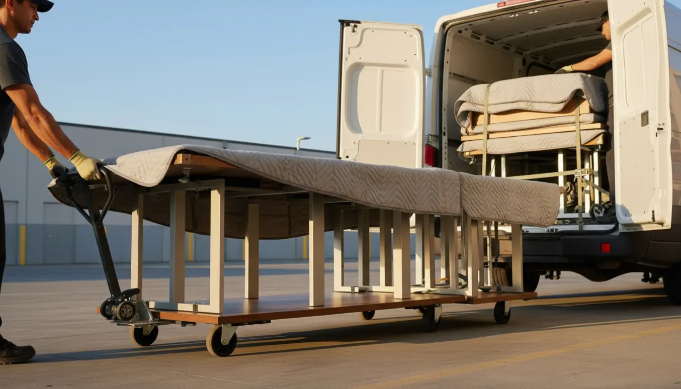 Seks store skriveborde pakket og ved at blive læsset i en varevogn.