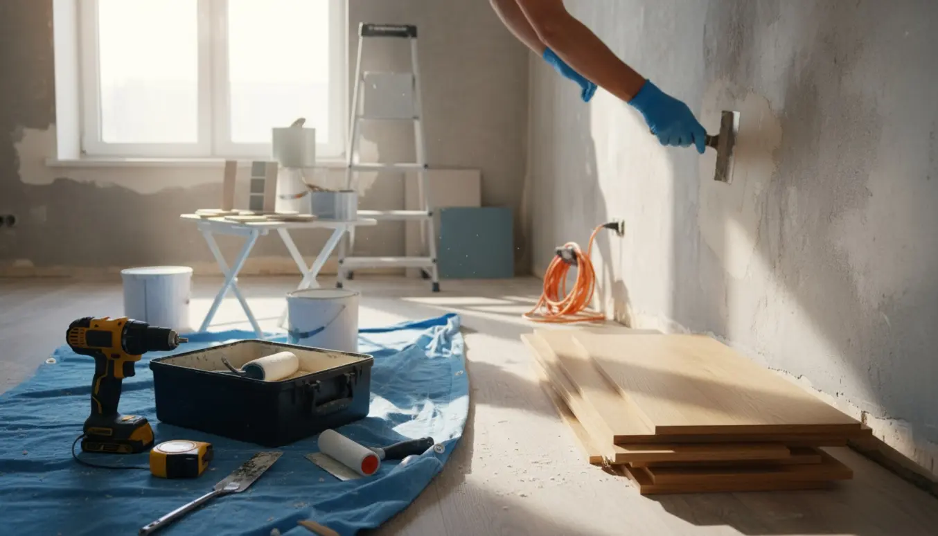 Delvist renoveret stue med værktøj og hænder, der spartler væg i sollys.
