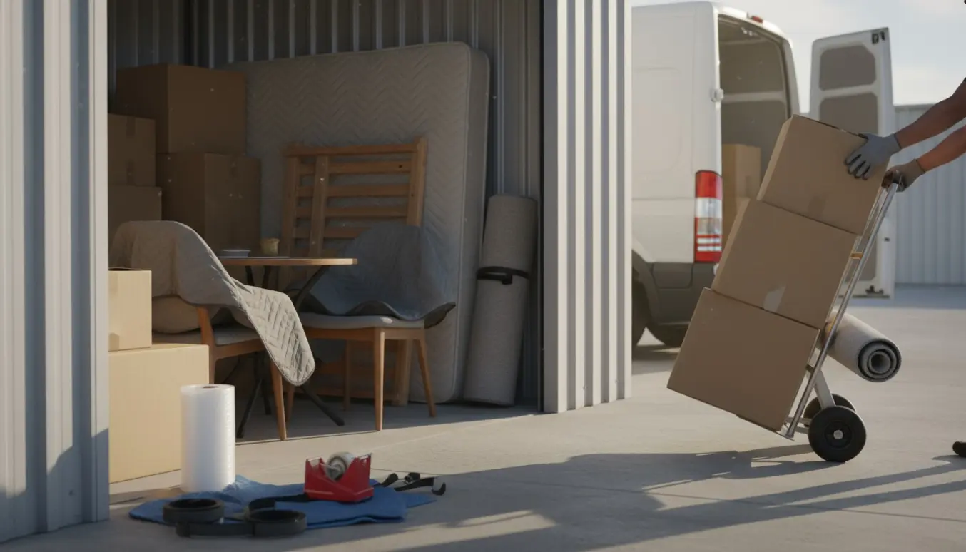 Flyttekasser og møbler i et lille opbevaringsrum klar til at blive lastet i en flyttebil.