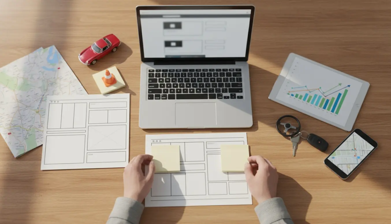 Hænder arrangerer wireframes og en bærbar med en legetøjsbil og nøgler på et skrivebord, der symboliserer en SEO-venlig køreskole-hjemmeside.