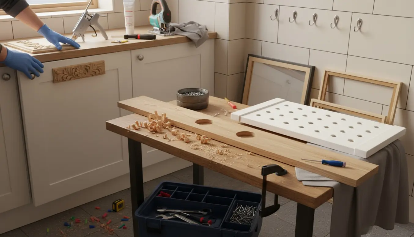 Hjemmeværksted med hænder og værktøj til diverse småreparationer i køkken og badeværelse.