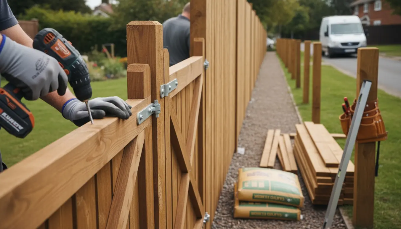 Tæt lamelhegn under opsætning langs skel med hænder, værktøj og en åben låge.