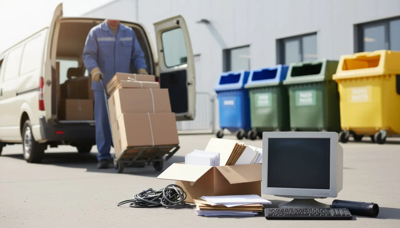 Varebil ved genbrugsplads, hvor kontoraffald i papkasser, papirbundter og elektronik læsses med en sækkevogn.