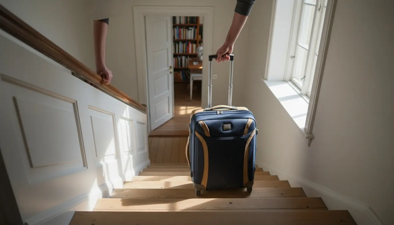 En person bærer en kuffert op ad en lys trappe i en Østerbro-opgang, set bagfra.