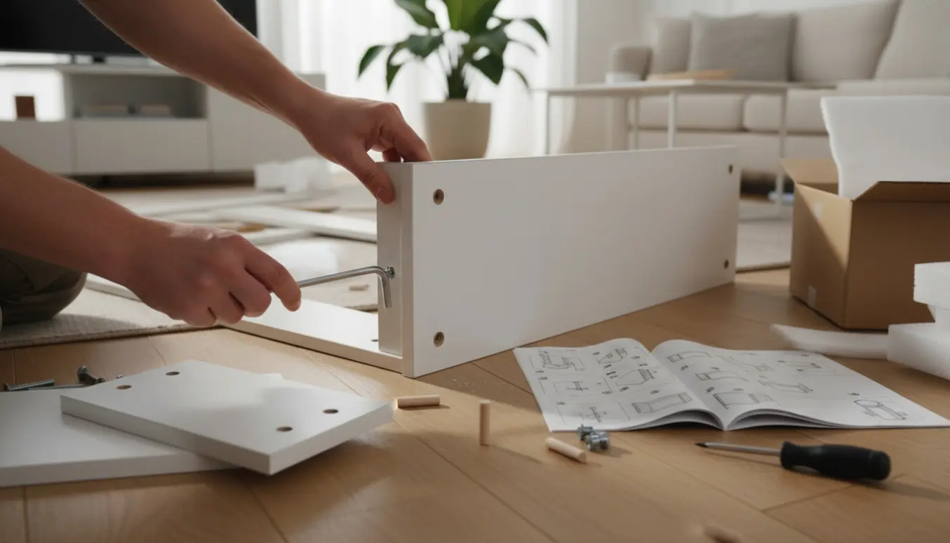 Nærbillede af hænder, der samler en Skruvby tv-reol med skruer og unbrakonøgle i en lys stue.