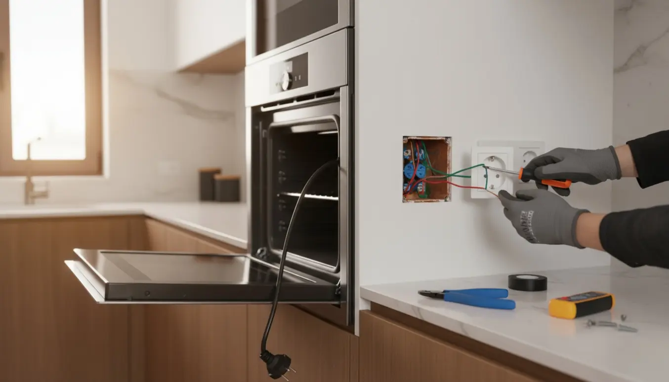Nærbillede af hænder, der monterer en stikkontakt ved en åben dåse til en ovn i et lyst køkken.