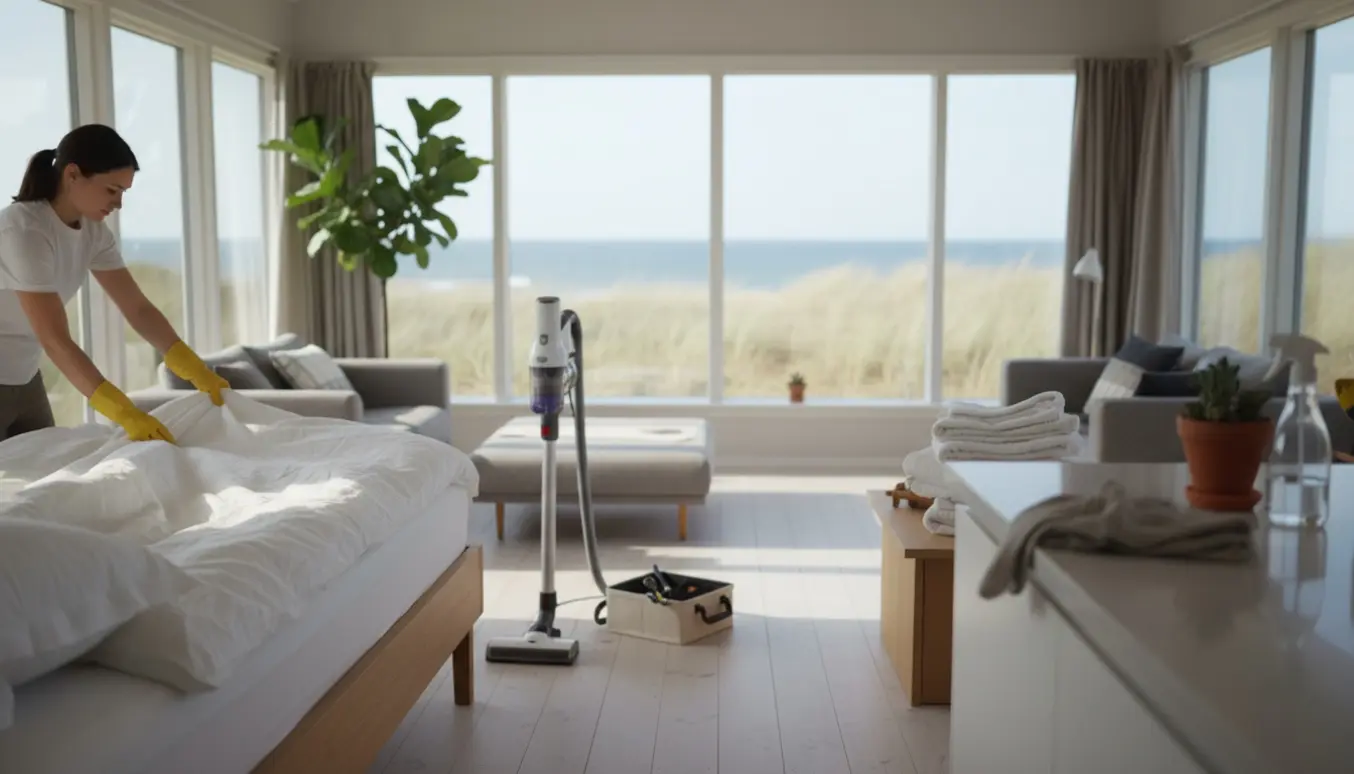 Hænder redder en seng i et lyst, velholdt sommerhus ved kysten med rengøringsudstyr og en lille værktøjskasse.