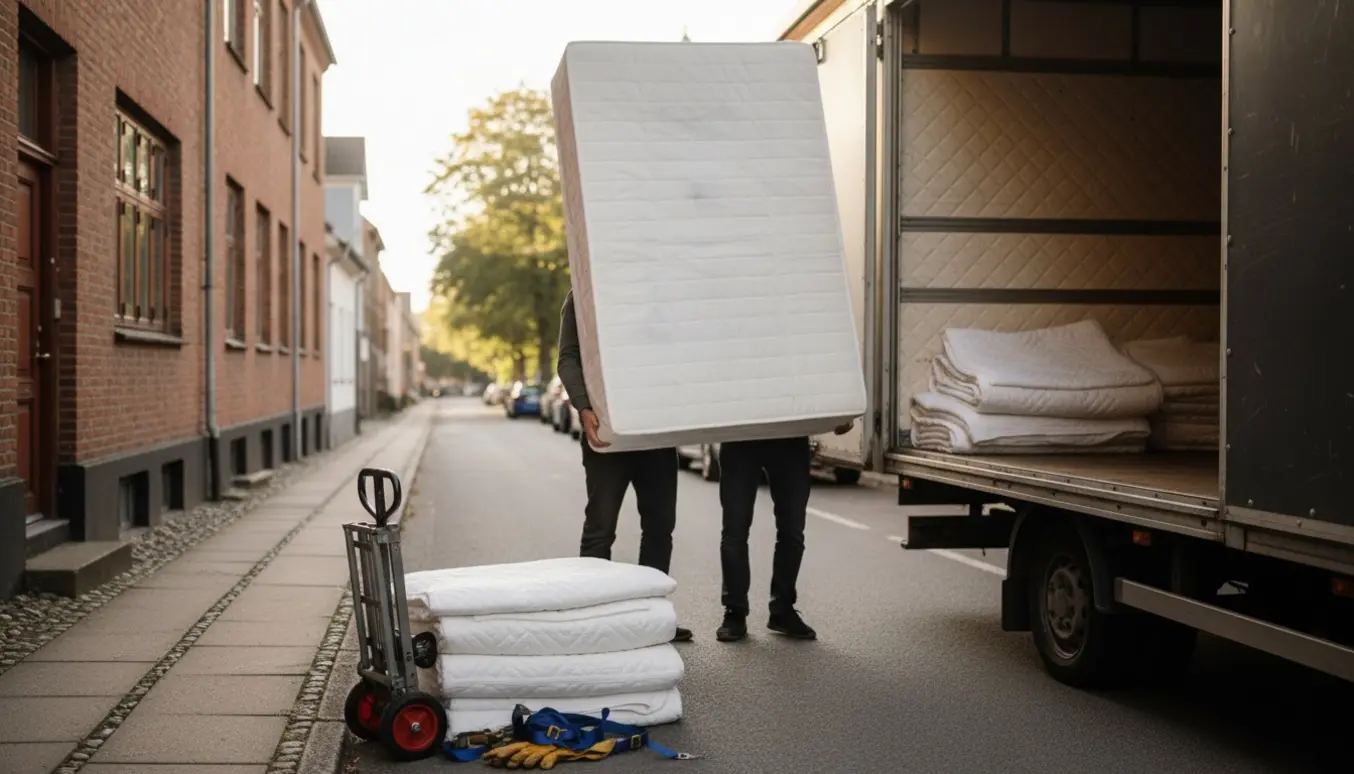 To flyttemænd bærer en stor boxmadras ind i en polstret varevogn på en stille gade i Aarhus i morgenlys.