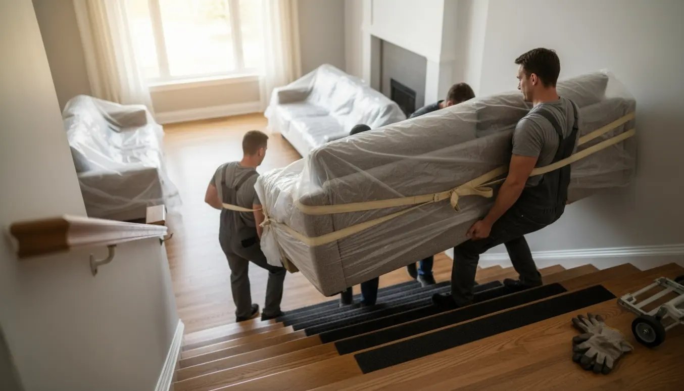 Et team bærer en indpakket sovesofa op ad en trappe mod øverste etage med flyttetæpper og løftestropper.