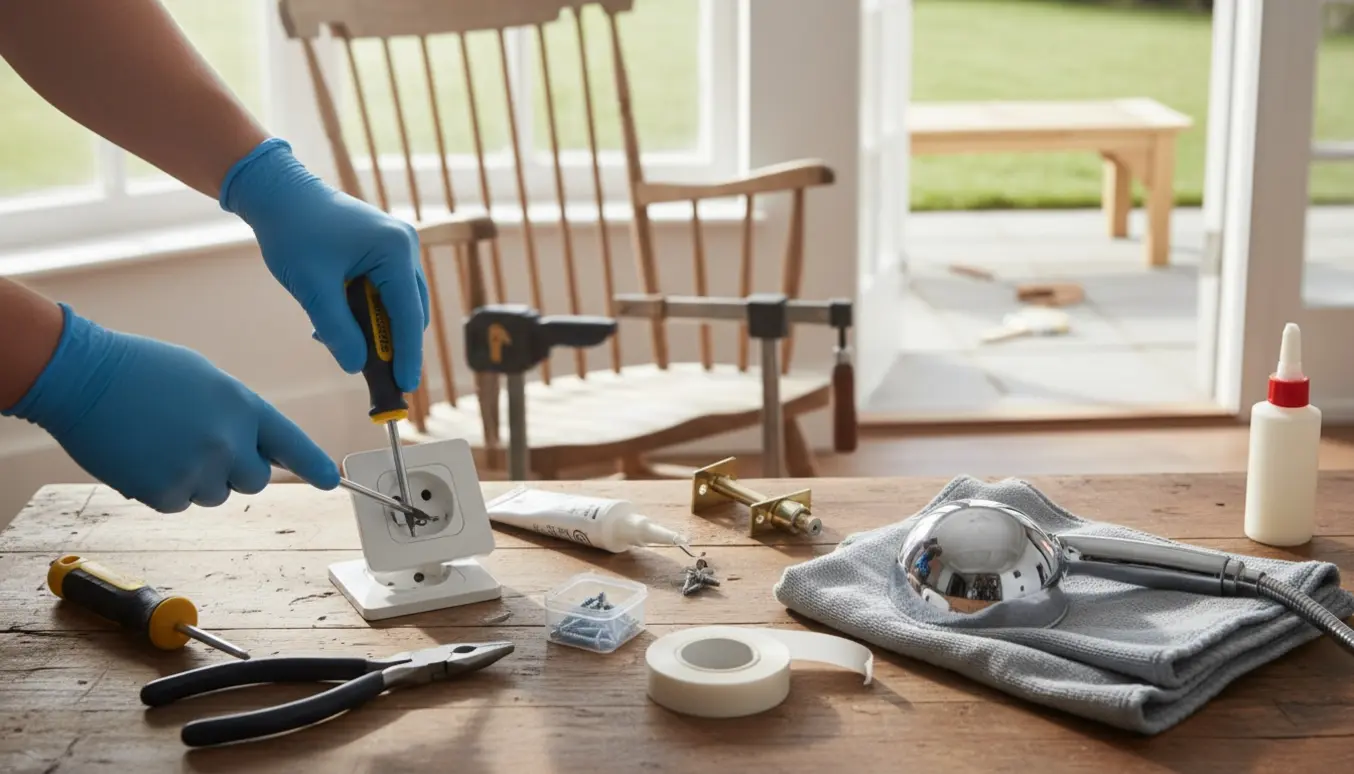 Solbelyst værkstedsbord med værktøj og dele til små reparationer som stikkontakt, dørhåndtag og gyngestol.