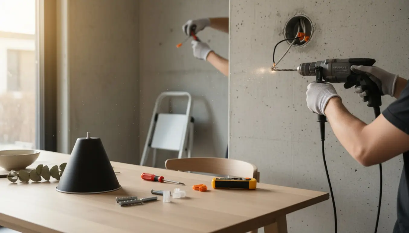 Hængelampe monteres på en rå betonvæg over et spisebord, hænder med borehammer, rawlplugs og ledninger.