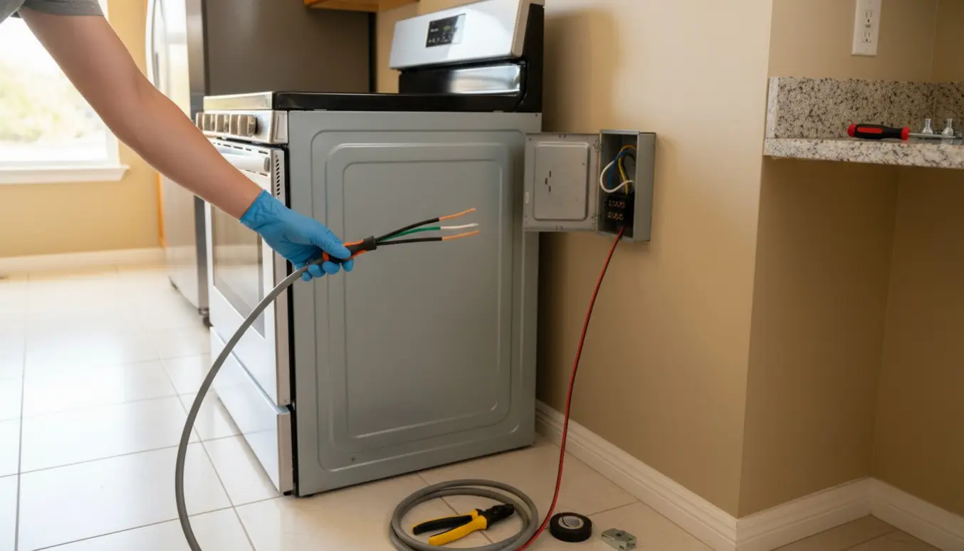 Hænder i isolerede handsker forbinder et nyt komfur til et åbent vægudtag i et køkken.