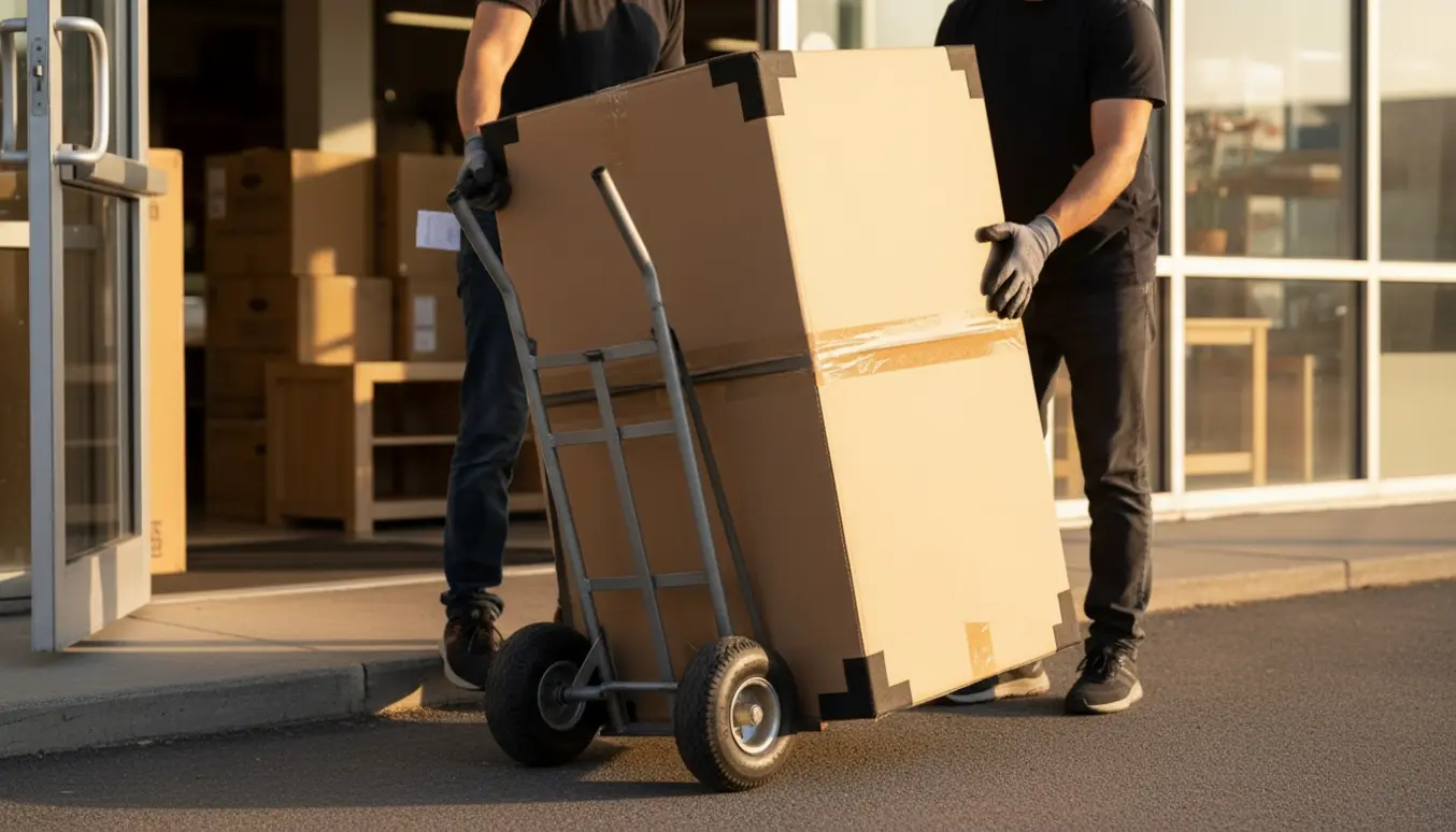 Et stort TV-bord i papkasse på en håndtralle bæres ind i en butik i sen eftermiddag, uden tydelige ansigter.