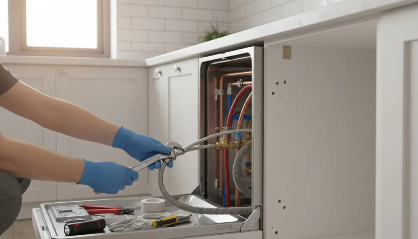 Nærbillede af en håndværkers hænder, der forbinder vand- og afløbsslanger til en smal 45 cm opvaskemaskine i køkkenets højre hjørne.