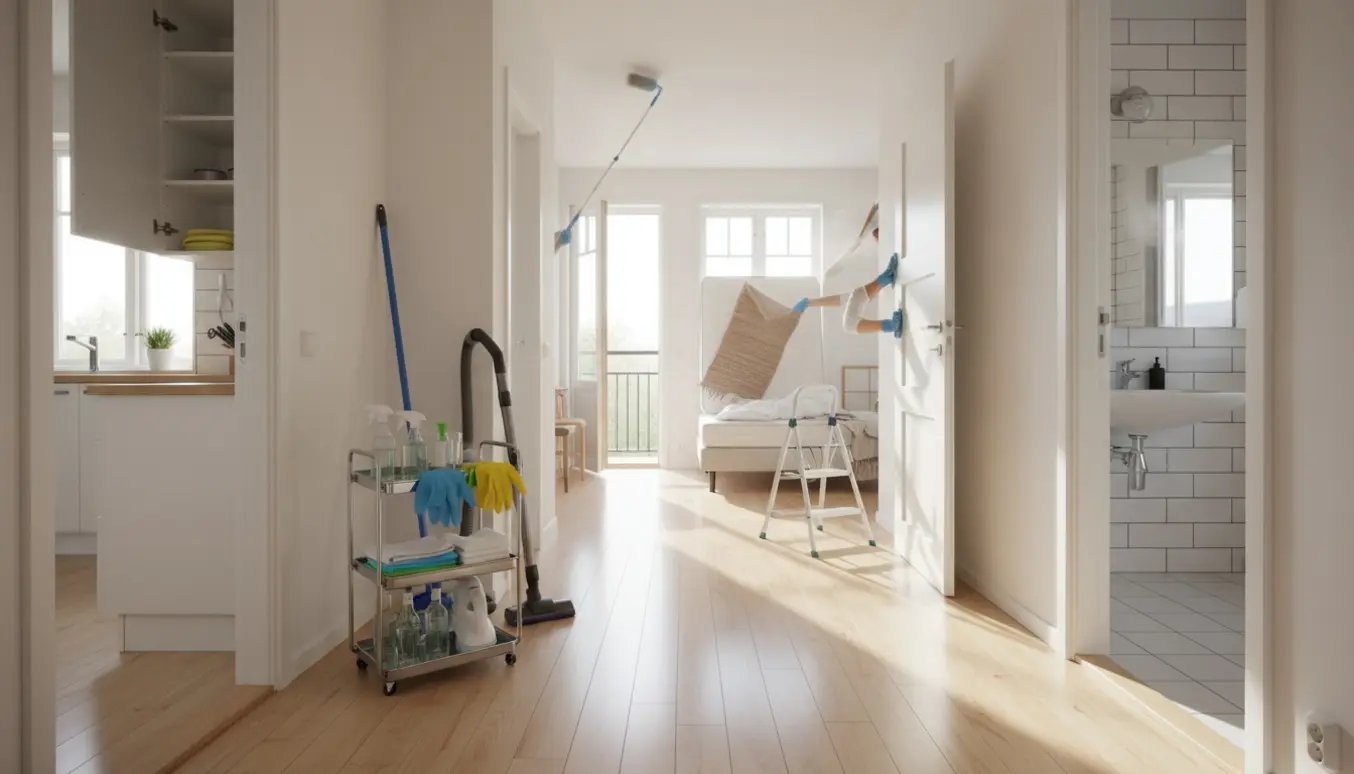Solbeskinnet bolig under hovedrengøring med rengøringsvogn, stige, opslået madras og rengøringsredskaber.