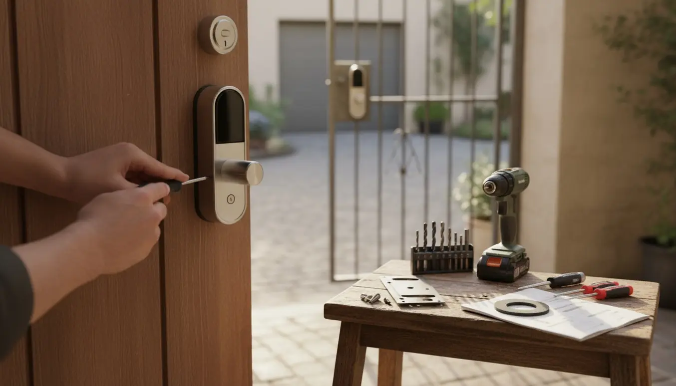 Nærbillede af montering af smart lås på hoveddør med værktøj på en skammel og gårdsport med monteret lås i baggrunden.