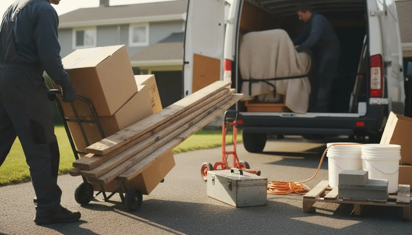 To hjælpere læsser kasser og byggematerialer ind i en åben varevogn, uden tydelige ansigter.