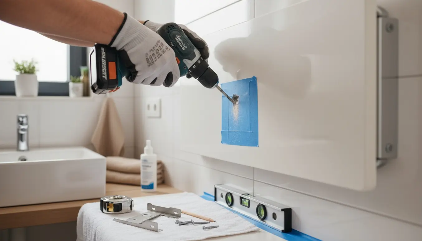 Nærbillede af værktøj og hænder, der borer gennem fliser for at montere et væghængt puslebord i et badeværelse.