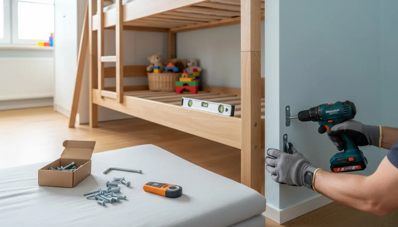 Voksne hænder sikrer en køjeseng og fastmonterer en rumdeler til væggen i et lyst børneværelse.