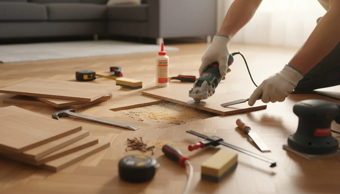 Nærbillede af reparation af hævet, lakeret bøgeparket med værktøj og udskårne planker i et lyst rum.