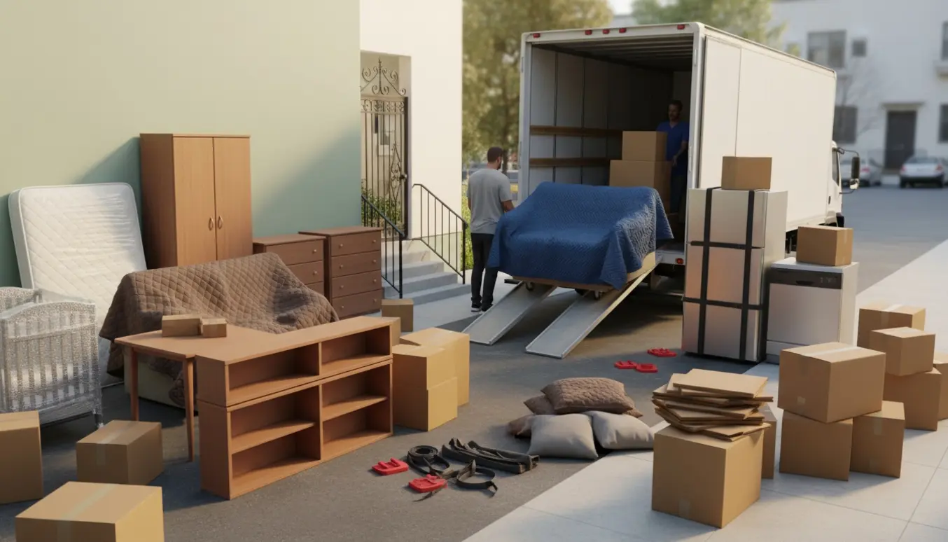 Flyttebil og lejlighed med møbler, flyttekasser og indpakkede hvidevarer klar til transport.