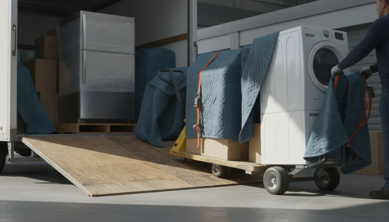 Flyttefolk læsser fryser, vaskemaskine og tørretumbler ud af en flyttebil ved et depot.