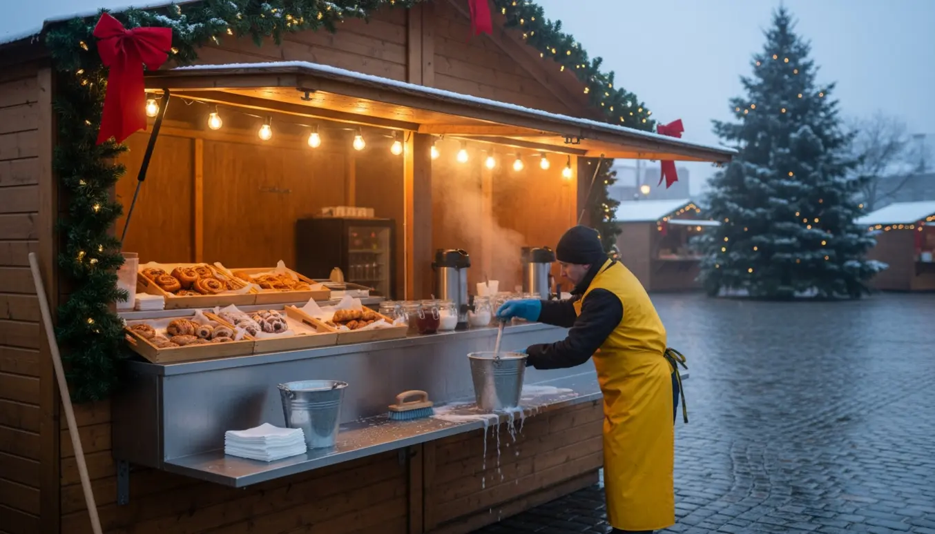 En person rengør en træ-julebod tidligt morgen på et julemarked med lyskæder og gran.
