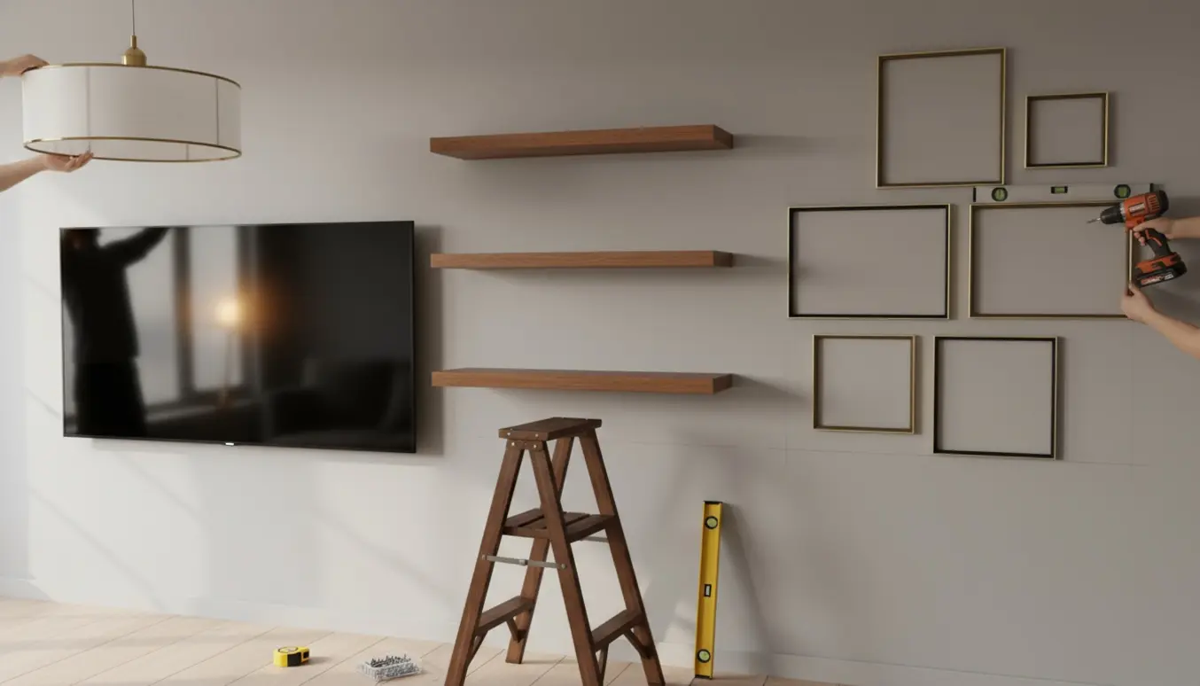 Hænder monterer reoler, et væg-tv, en loftslampe og billedrammer på en neutral væg med værktøj i forgrunden.