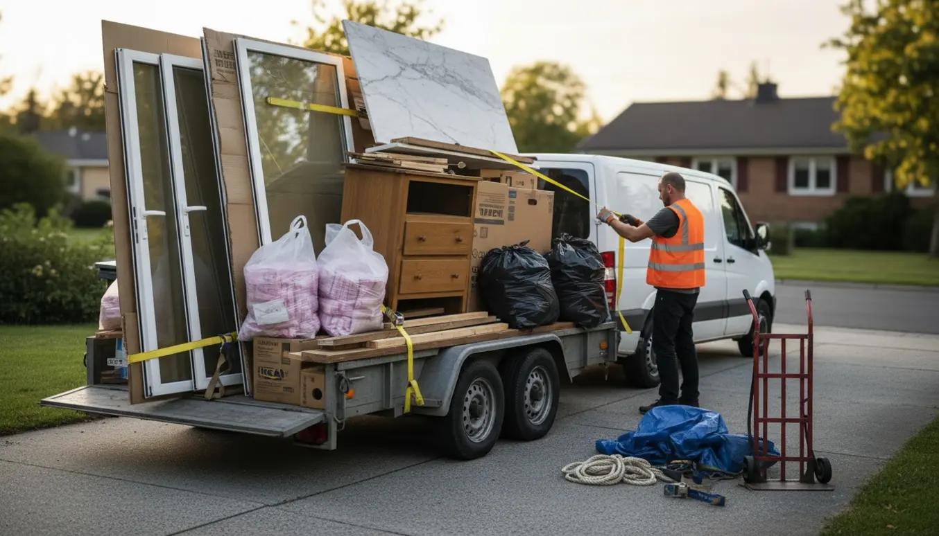 Trailer læsset med blandet affald ved indkørsel: glasdøre, IKEA-møbler, sække med isolering og en marmorbordplade.