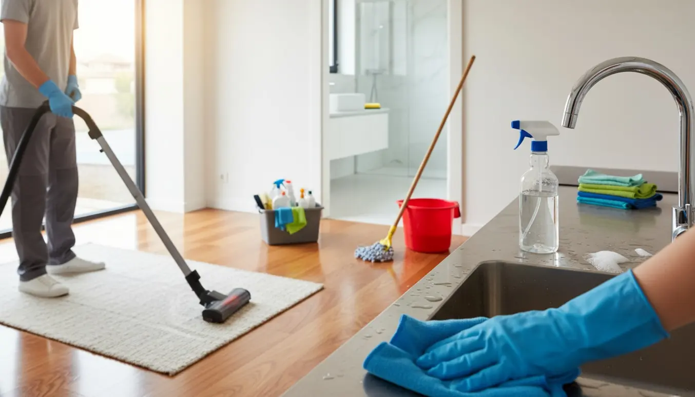 Dybrengøring i et lyst hjem med moppe, støvsuger og hænder, der pudser en køkkenvask.