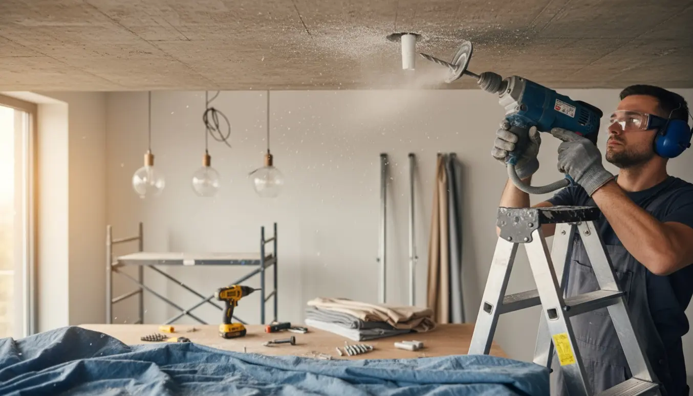 Nogen borer i betonloft med en slagboremaskine for at montere lamper og gardiner.