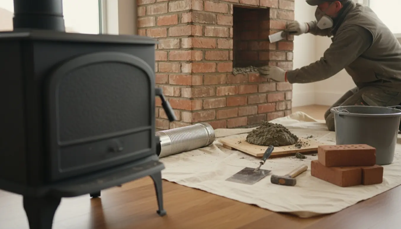 Håndværker murer hul i skorstenen efter fjernelse af en lille brændeovn i et lyst stuehjørne.