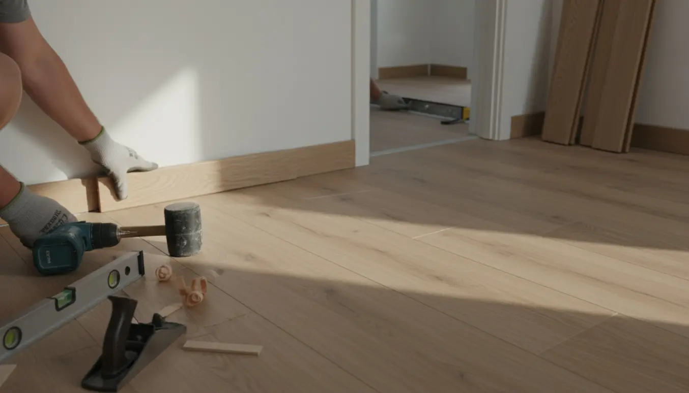 Hænder monterer fodliste på nylagt laminatgulv i tilstødende rum.