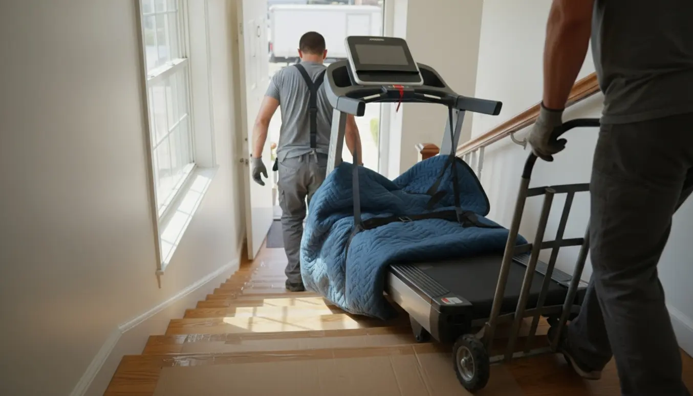 To flyttemænd bærer et løbebånd op ad en lys trappe til 1. sal.