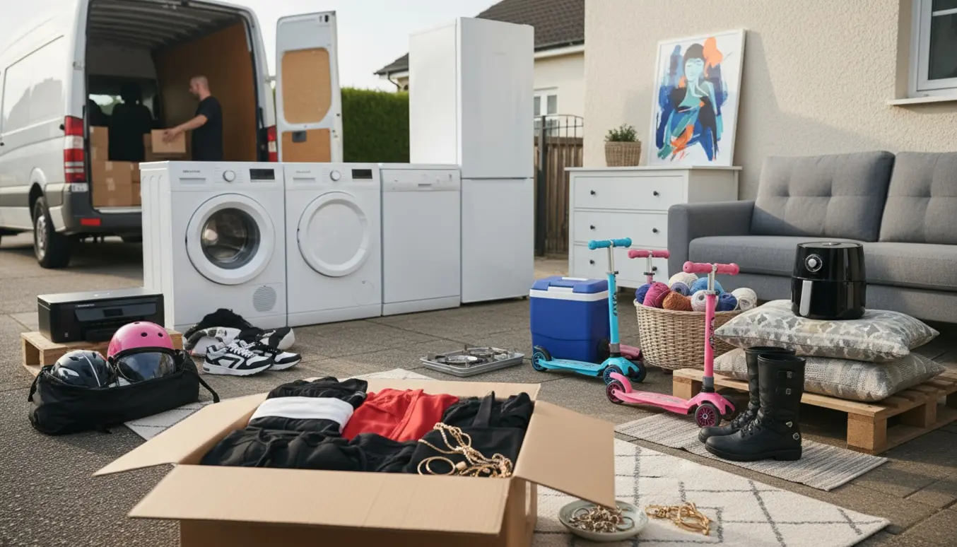 Velordnet indkørsel med hvidevarer, møbler, tøj og småting samlet klar til afhentning.