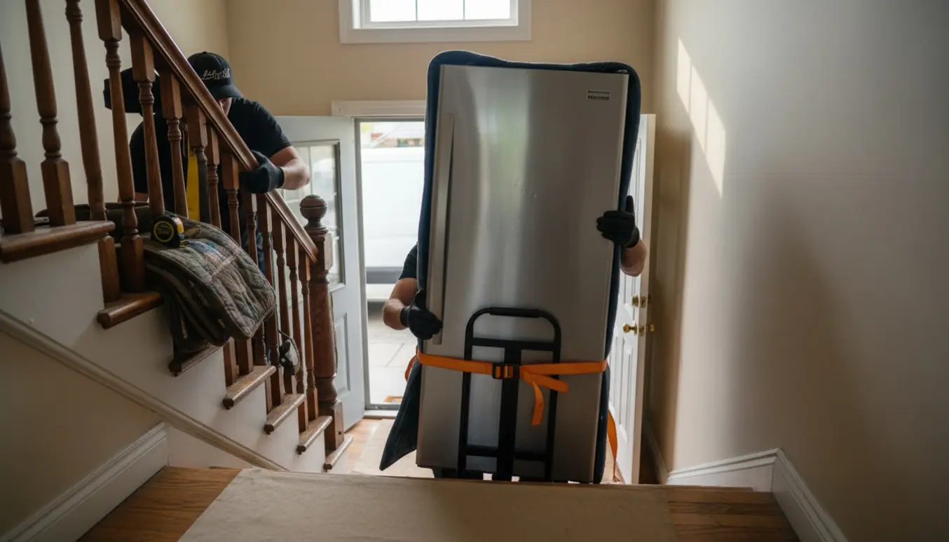 To flyttemænd bærer et stort køle-/fryseskab ned ad en smal trappe med flyttetæpper og udstyr.
