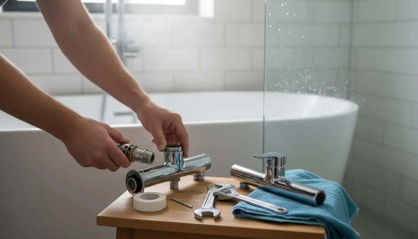 Nærbillede af hænder, der udskifter et krom blandingsbatteri i et moderne flisebadeværelse med værktøj og reservedele.