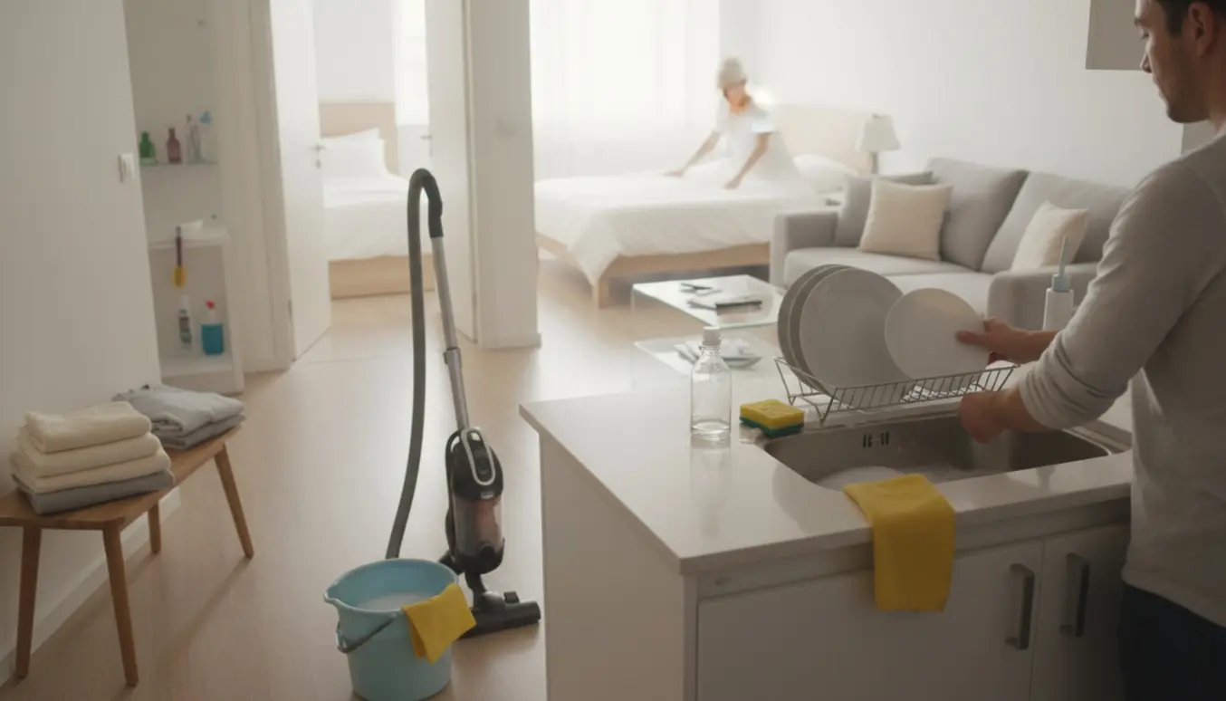 Hovedrengøring i en 2-værelses lejlighed med støvsuger, moppe og opvask, ingen ansigter synlige.