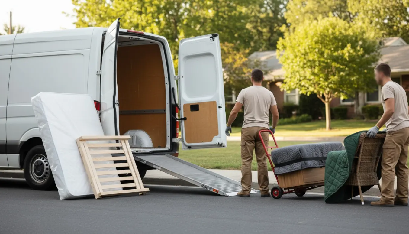 Flyttefolk læsser en seng, en kommode og en terrassestol ind i en lille flyttevogn på en rolig villavej.