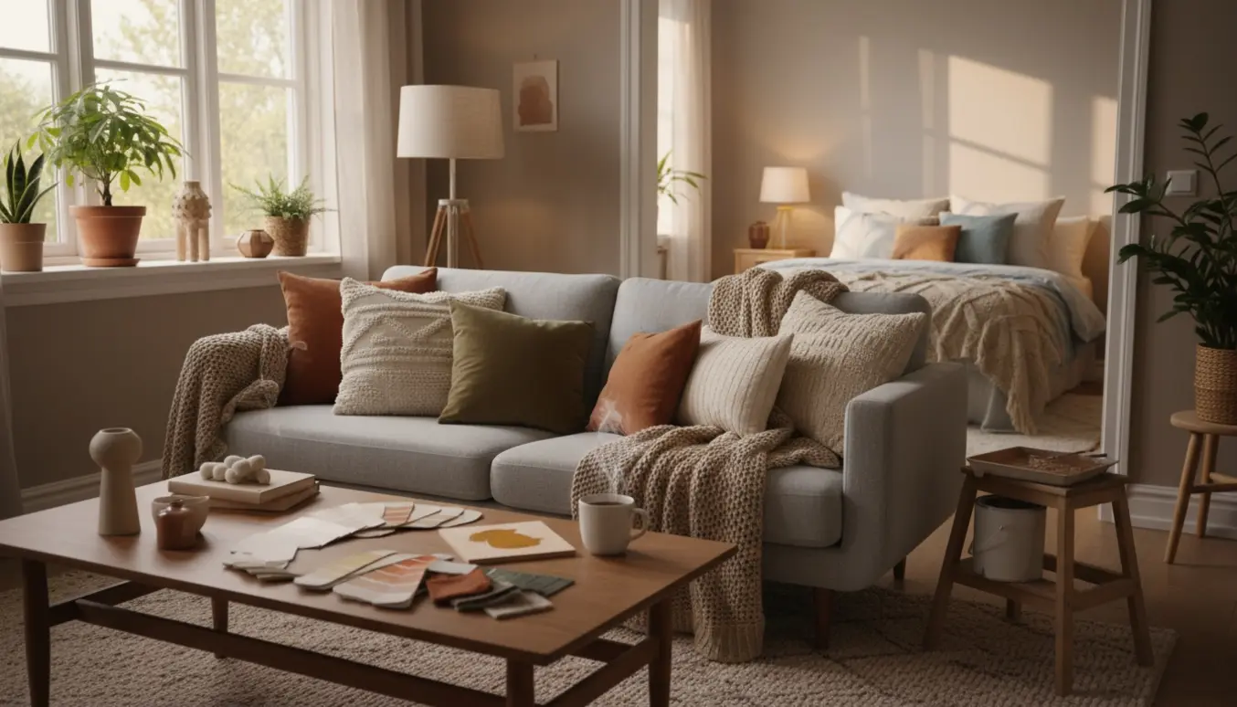 Stue med farveprøver, tekstiler og kig til hyggeligt soveværelse, klar til indretning.