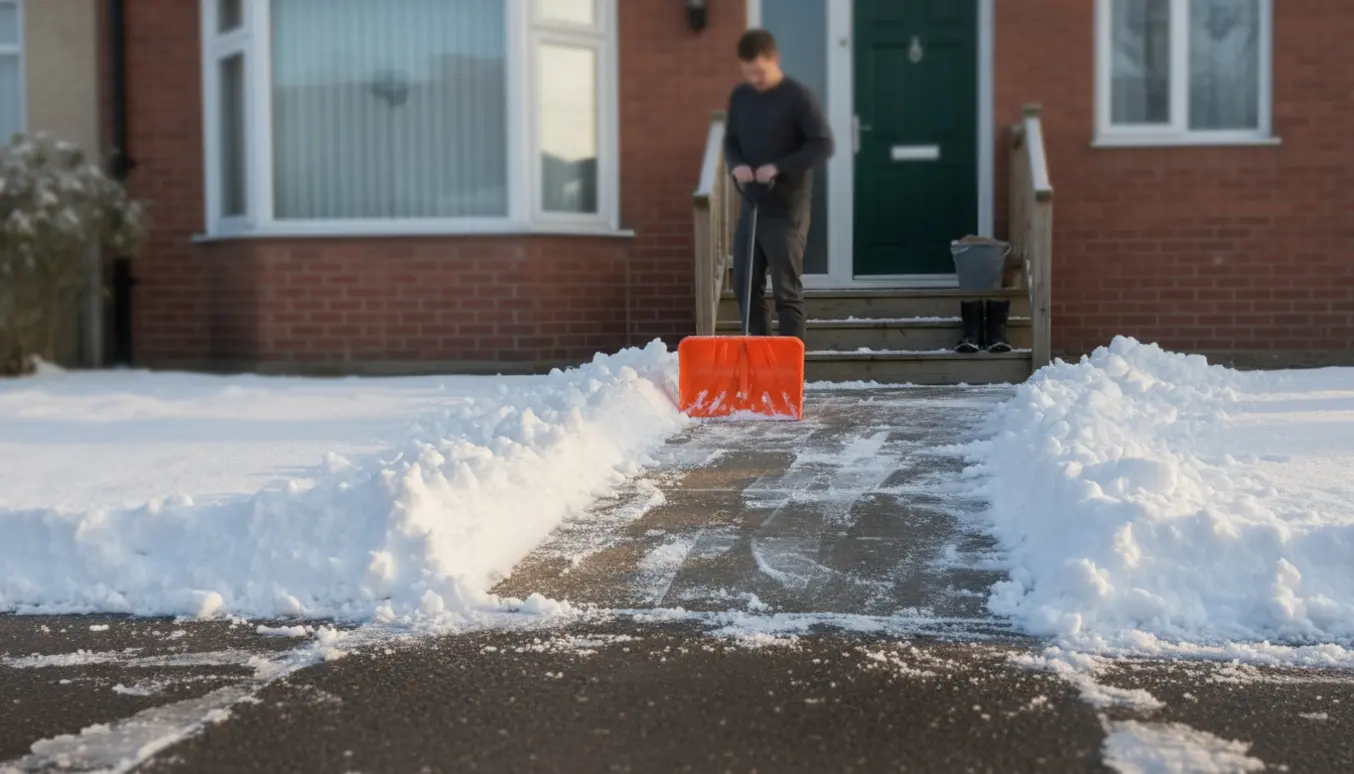 En person skovler sne fra en lille rækkehusindkørsel og rydder en klar sti til hoveddøren.
