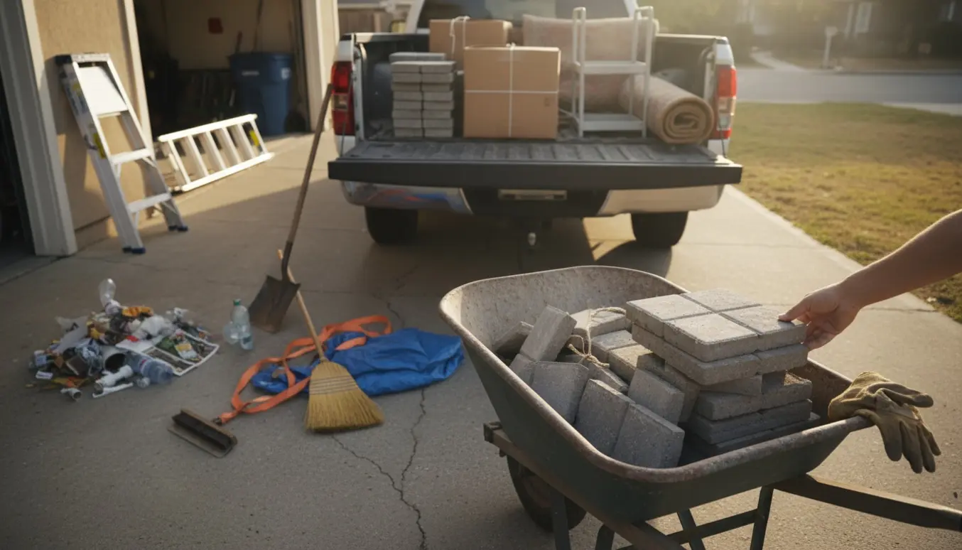 Pickup og trillebør fyldt med stakke af fliser og blandet affald, mens en person uden synligt ansigt læsser materialer i indkørslen, med en stige tydeligt adskilt til siden.
