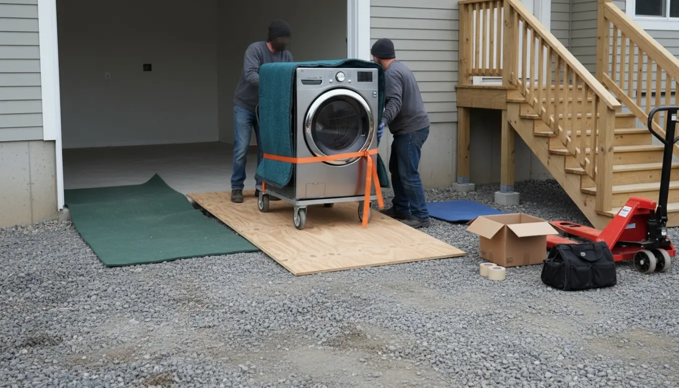 En tung, ny vaskemaskine på dolly føres ned ad midlertidig trappe og grussti til kælderens bryggers i et nybygget hus.