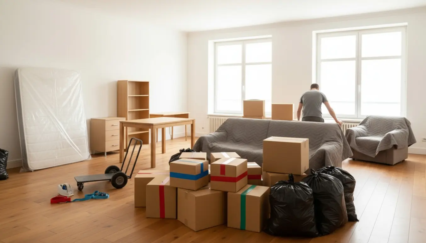 Lyse lejlighedsstue med stabler af flyttekasser, sorte sække og møbler pakket og klar til flytning.