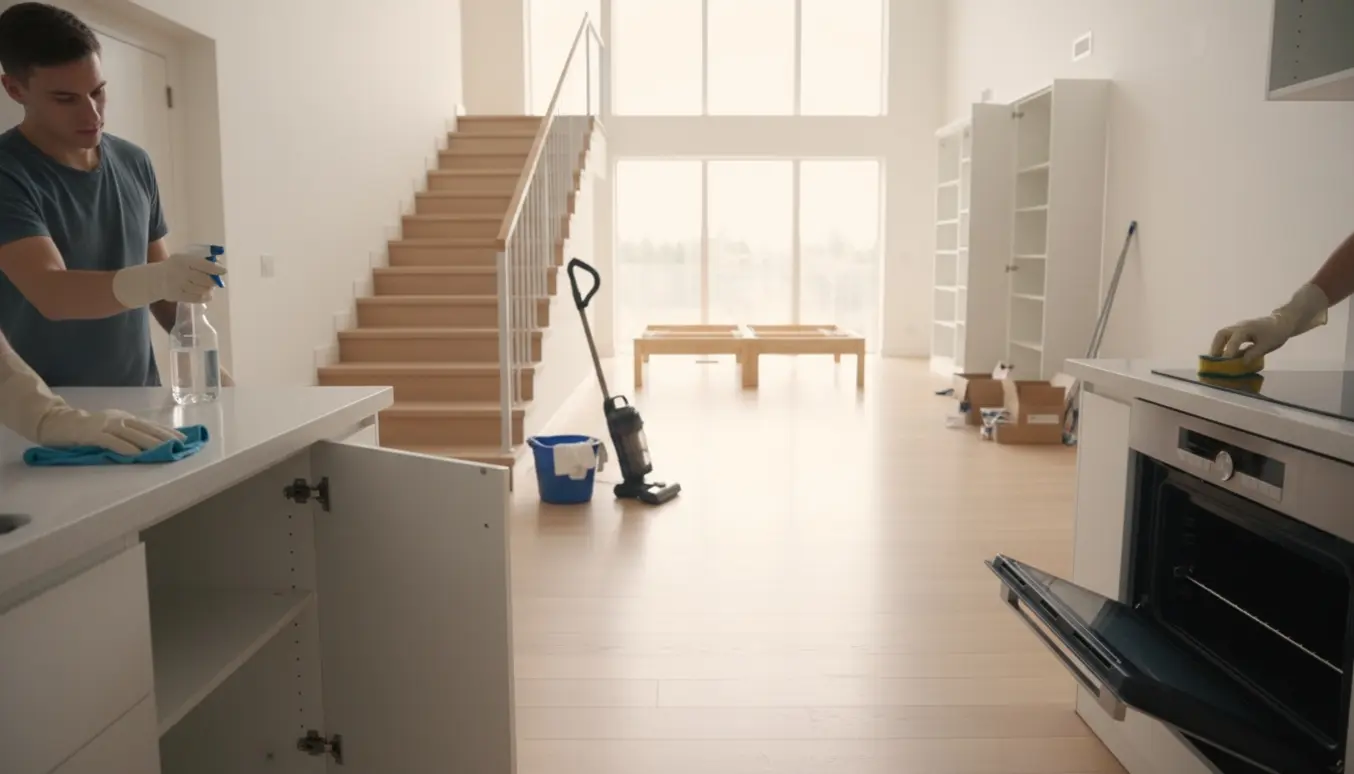 Indendørs flytterengøring i en næsten tom villa med hænder, der tørrer skabe og en støvsuger på trappen.