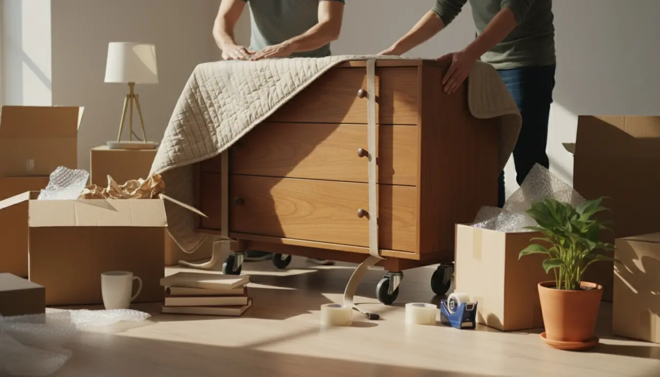 Flyttekasser, småting og en delvist indpakket kommode i et solbelyst rum under flytning.